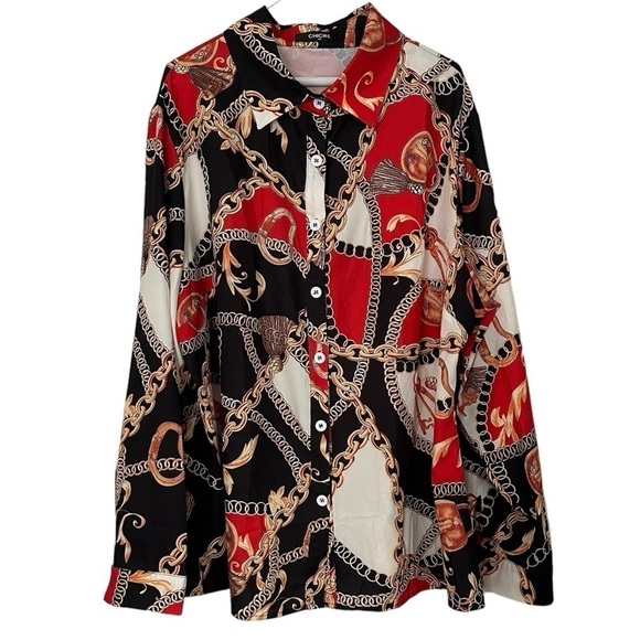 Chicme Equestrian Blouse Collared Button Up Top Chain Black Red & Gold Size 4X - Picture 1 of 11